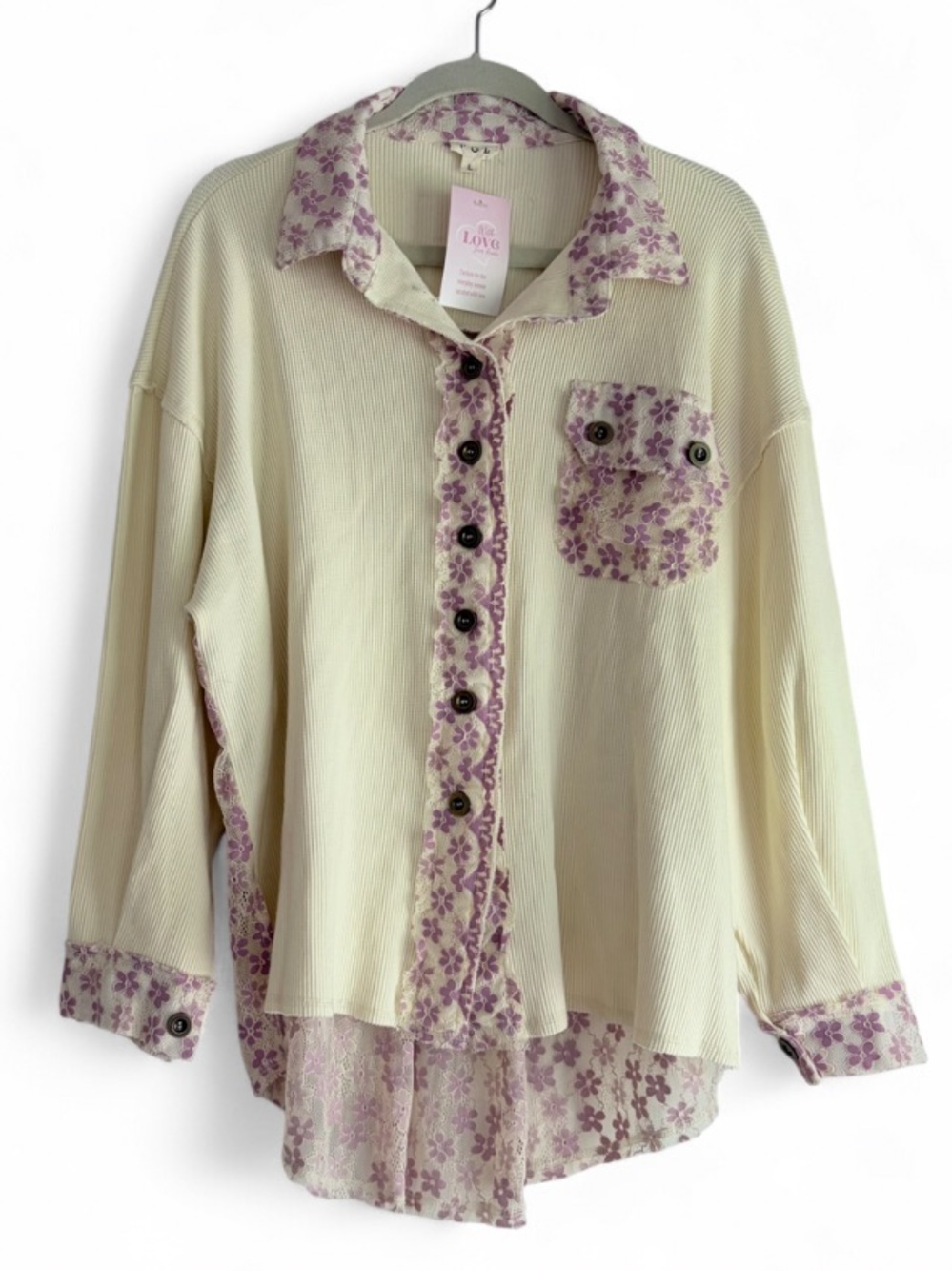 NEW POL Cream Lavender Waffle Knit Long Sleeve Floral Lace Back Shirt Size L